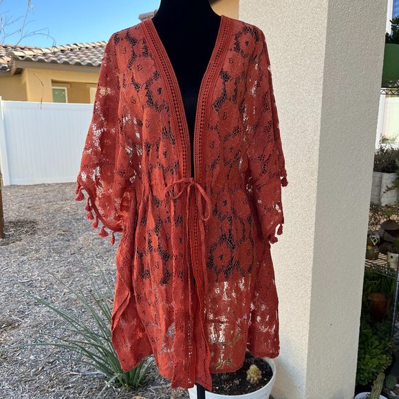 Peach Rust Orange Lace Kimono Cover Up Women Size Medium - Picture 1 of 16